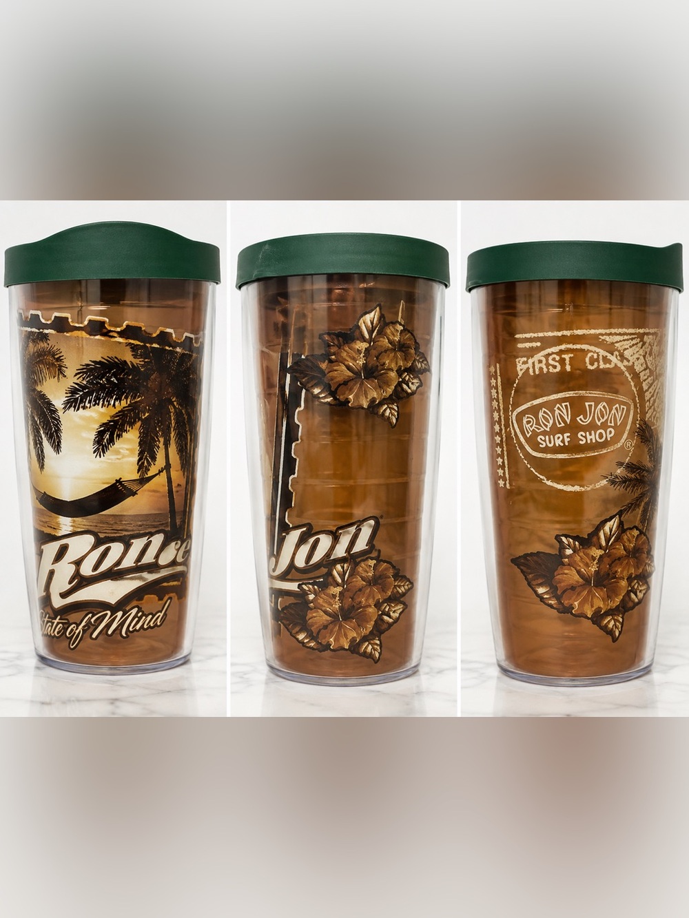 Ron Jon Surf Shop Tervis 16 oz Tumbler Tropical Palm Trees Green Lid